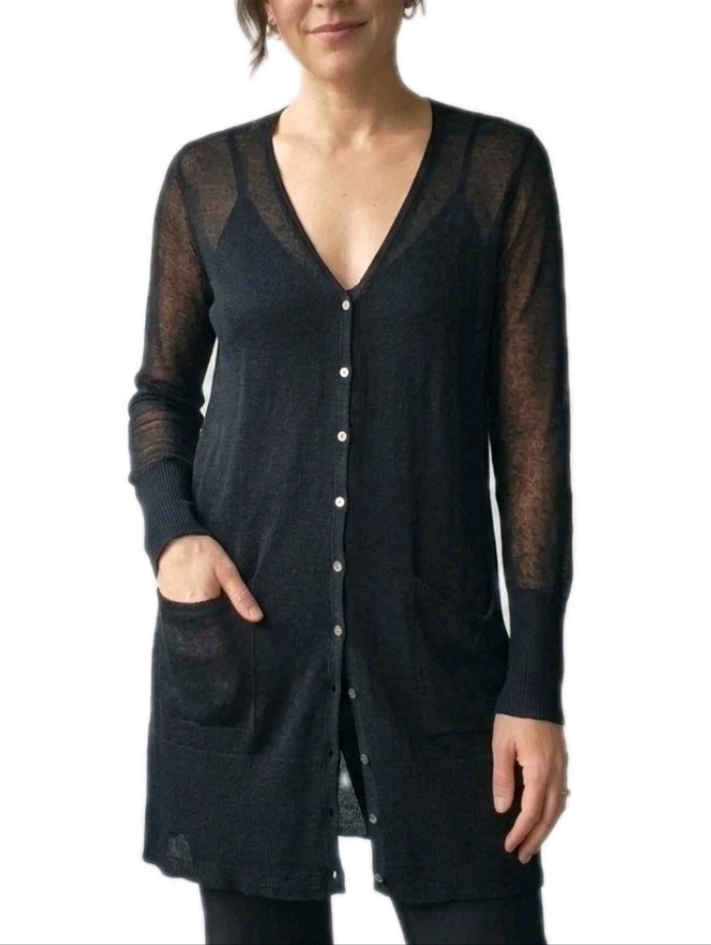 NWOT Eileen Fisher Sheer Knit Long Cardigan Size M Black Italian Yarn